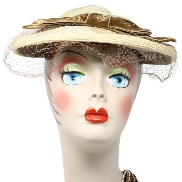 Vintage 50s Arnold Constable Platter Hat Tan Straw w Velvet Ribbon - Hey Viv - Picture 4 of 8